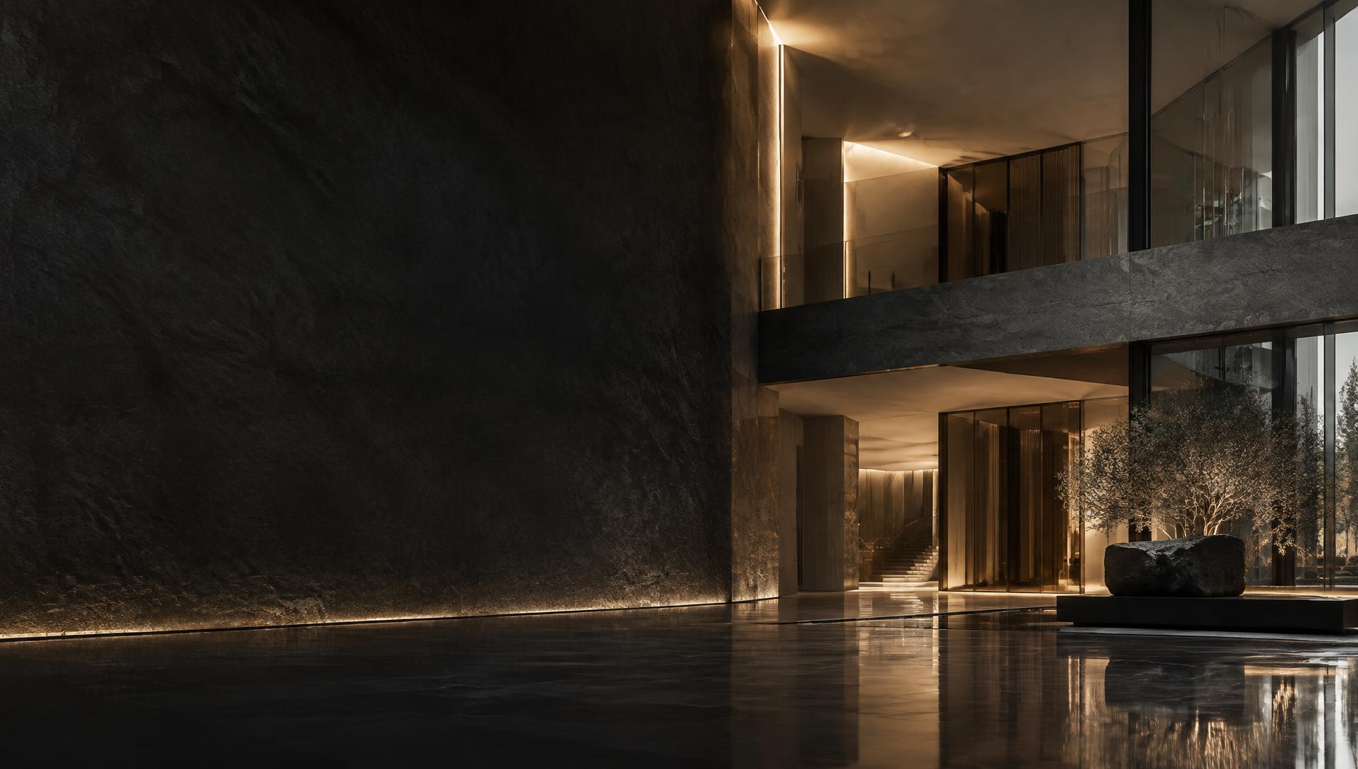 Espacio arquitectónico contemporáneo de piedra, cristal y luz cálida